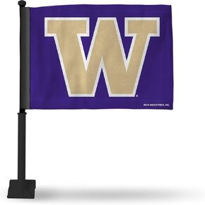 Rico Industries NCAA Washington Huskies Black Pole Car Flag W' Black Pole Double Sided Car Flag - 16" x 19" - Strong Pole That Hooks onto Car/Truck/Automobile