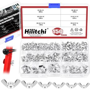 Hilitchi 150Pcs Wing Nuts Assortment Kits 3/8" 5/16" 1/4" Carbon Steel Zinc Plated Butterfly Nut Wing Nuts Fasteners Wingnuts Hand Twist Tighten Ear for Home Building Industry in Kuwait