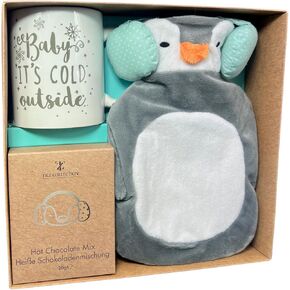 Mini Hot Water Bottle, Hot Chocolate Gift Set with Mug - Small Hot Water Bottle with Penguin Cover, Hot Chocolate Sachets and Hot Chocolate Mug for Kids, Christmas Hot Chocolate Mug Set (Pengiun)