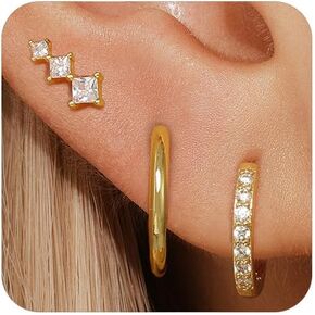 GEORGE · SMITH 3 Pairs Gold Hoop Earrings Set for Women, Triangular geometric zircon design Earrings, Hypoallergenic Earrings Set for Women 14K Gold Plated