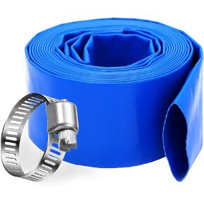 DAVCO 2.5" x 100 ft Pool Backwash Hose, Heavy Duty Reinforced Blue PVC Lay Flat Water Discharge Pump Hoses For Swimming Drain Pools and Clean Filters,with 1 Clamp