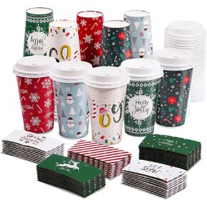 50 Pack Christmas Disposable Coffee Cups with Lids & Sleeves, To Go Coffee Cups, Holiday Disposable Coffee Cups for Hot Cocoa, Hot Chocolate, Drinks Supplies, Xmas Dinner Party