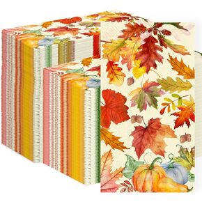 Fall and Thanksgiving Paper Napkins Disposable: Guest Dinner Hand Towels, Cocktail Party Decorations, Autumn Maple Leaves and Pumpkin Pattern (4.3x7.9 Inches, 100, Count)