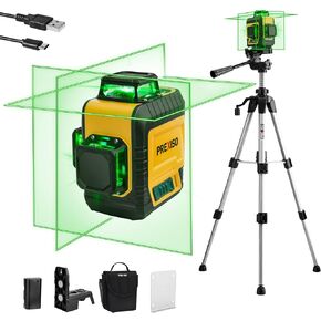 PREXISO 3 X 360° Laser Level with Tripod - Rechargeable 82Ft Cross Line Leveler, Green Line Laser Level Self Leveling for Construction, Tile, Home Renovation with Magnetic Base, Iron Plate, Bag