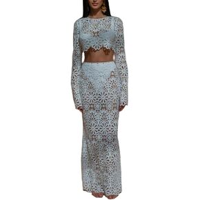 Womens Lace 2 Piece Outfits Long Sleeves Round Neck Hollow Out Top Maxi Skirt Vacation Sets