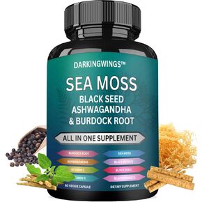 Sea Moss Capsules - Irish Seamoss with Black Seed Oil, ashwagandha, burdock root, Bladderwrack & Black Pepper for Stamina, Strength & Endurance Superfood Sea Moss Supplements - 60 Irish Seamoss Pills