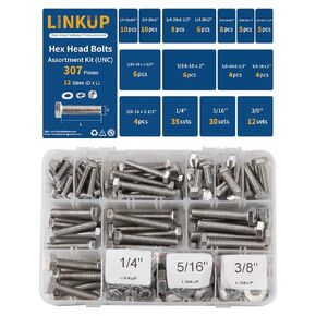 307PCS Nuts and Bolts Assortment Kit,1/4-20, 5/16-18,3/8-16 Hex Head 304 Stainless Steel Bolts and Nuts Kit, Assorted Nuts and Bolts, Flat & Spring Lock Washers with Case