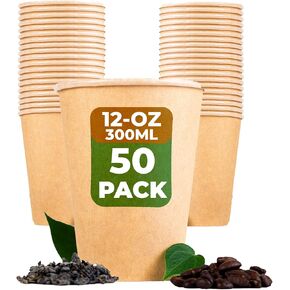 [50-Pack Super Strong 100% Compostable Coffee and Tea Cups - Eco - Biodegradable - Disposable Rigid Containers for Office, Party & Wedding - Brown Kraft Paper, PLA Coating (250ml / 10oz)