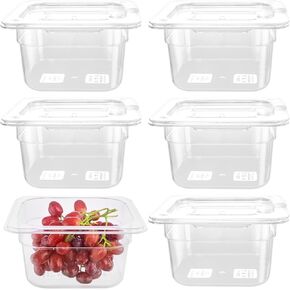6 Pack Food Pans, 1/6 Size 4 Inch Deep, Commercial Polycarbonate Plastic Clear Pans