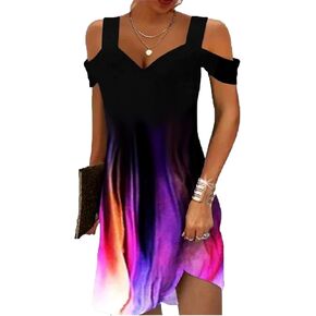 Summer Casual Cold Shoulder Dresses for Women 2024 Trendy Boho Ethnic Floral Tribal Marble Print V Neck Mini Dress