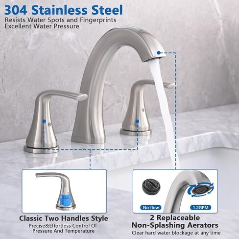 Brushed Gold Widespread Bathroom Faucet,2 Handle 8 Inch Stainless Steel Bathroom Sink Faucet for 3 Hole Lavatory Faucet with Pop Up Drain and Supply Hose in Saudi Arabia