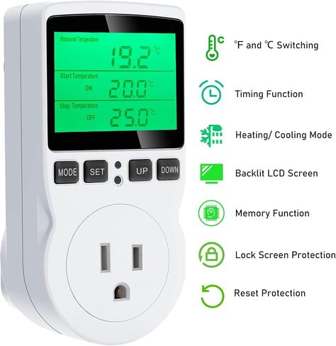 جهاز التحكم الرقمي في درجة الحرارة KABASI، منظم حرارة الزواحف لتدفئة شاشة LCD مع مسبار مستشعر للثعبان، السحلية، الحاضنة، التخمير، الحاضنة، الدفيئة، تررم ℉/15A 1800W 120V in Kuwait