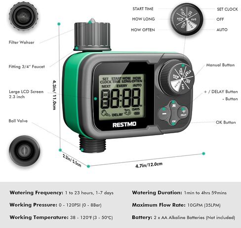 RESTMO Sprinkler Timer, Water Timer for Garden Hose, Outdoor Faucet, Lawn Watering, Automatic Control, Manual Watering, Ball Valve System Compatible with Rain Barrel, Zero/Low Water Pressure Watering in Saudi Arabia