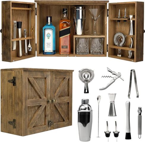 خزانة نادل Barndoor من Excello Global Products مع مجموعة أدوات بار مكونة من 10 قطع: المجموعة المثالية لسقاة المنزل (بني ريفي) in Kuwait