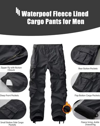 سراويل KOCTHOMY الرجالية المبطنة بالصوف للمشي لمسافات طويلة، سراويل شتوية حرارية خارجية للعمل غير رسمية مع جيوب متعددة، بدون حزام. in Kuwait