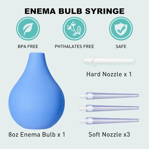 TopQuaFocus 8oz Enema Bulb Kit Anal and Vaginal Douche Bulb for Men Flushing System Enemas Silicone Bulb 4 Replaceable Tips (Light Blue, 224ml) in Saudi Arabia