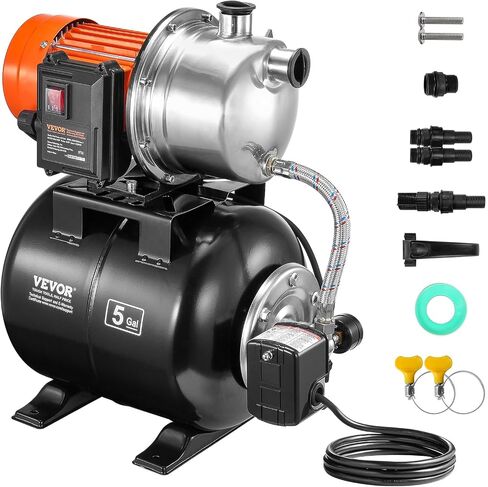 VEVOR 1.6 HP Shallow Well Pump with Pressure Tank, 1320 GPH, Automatic Irrigation Water Booster Pump with 5-Gal Pressure Tank 30/50 PSI Pressure Switch, Stainless Steel Pump Head for Home Garden Lawn in Saudi Arabia