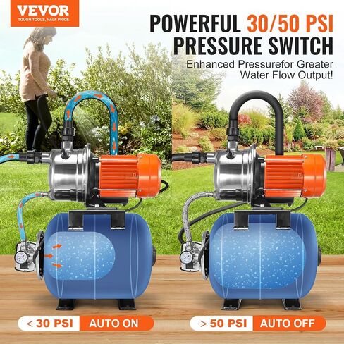VEVOR 1.6 HP Shallow Well Pump with Pressure Tank, 1320 GPH, Automatic Irrigation Water Booster Pump with 5-Gal Pressure Tank 30/50 PSI Pressure Switch, Stainless Steel Pump Head for Home Garden Lawn in Saudi Arabia