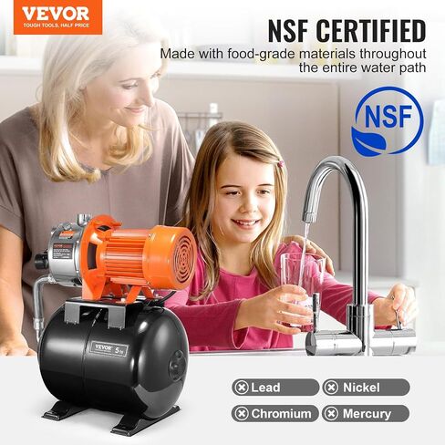 VEVOR 1.6 HP Shallow Well Pump with Pressure Tank, 1320 GPH, Automatic Irrigation Water Booster Pump with 5-Gal Pressure Tank 30/50 PSI Pressure Switch, Stainless Steel Pump Head for Home Garden Lawn in Saudi Arabia