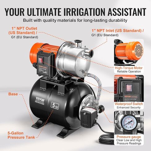 VEVOR 1.6 HP Shallow Well Pump with Pressure Tank, 1320 GPH, Automatic Irrigation Water Booster Pump with 5-Gal Pressure Tank 30/50 PSI Pressure Switch, Stainless Steel Pump Head for Home Garden Lawn in Saudi Arabia