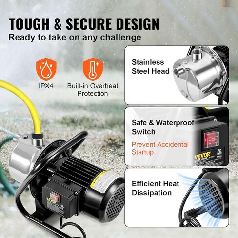 VEVOR 1.6 HP Shallow Well Pump with Pressure Tank, 1320 GPH, Automatic Irrigation Water Booster Pump with 5-Gal Pressure Tank 30/50 PSI Pressure Switch, Stainless Steel Pump Head for Home Garden Lawn in Saudi Arabia