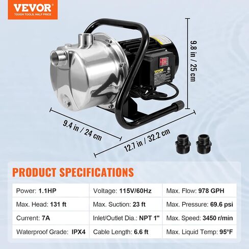 VEVOR 1.6 HP Shallow Well Pump with Pressure Tank, 1320 GPH, Automatic Irrigation Water Booster Pump with 5-Gal Pressure Tank 30/50 PSI Pressure Switch, Stainless Steel Pump Head for Home Garden Lawn in Saudi Arabia