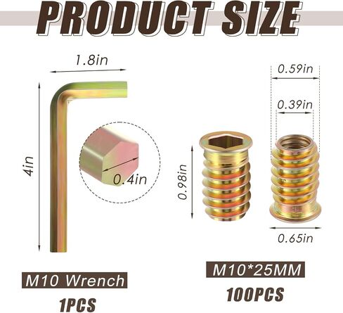 Zonon 100 Pcs M10x25mm Threaded Inserts for Wood Furniture Screw Inserts for Wood Screw in Nut Threaded Bolt Fastener Connector with Hex Wrench in Saudi Arabia