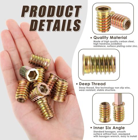 Zonon 100 Pcs M10x25mm Threaded Inserts for Wood Furniture Screw Inserts for Wood Screw in Nut Threaded Bolt Fastener Connector with Hex Wrench in Saudi Arabia