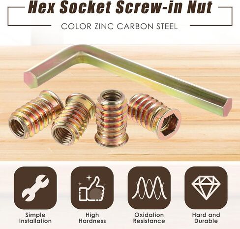 Zonon 100 Pcs M10x25mm Threaded Inserts for Wood Furniture Screw Inserts for Wood Screw in Nut Threaded Bolt Fastener Connector with Hex Wrench in Saudi Arabia