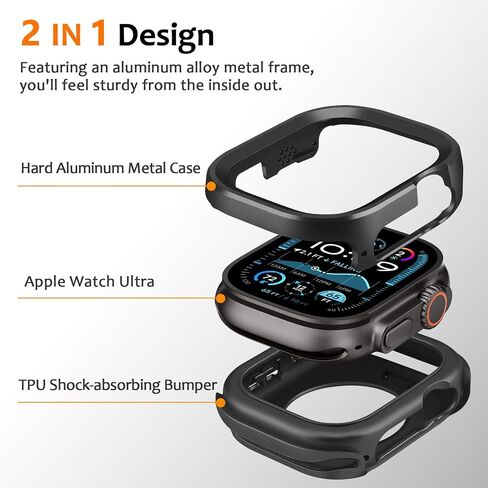 Amizee 2 in 1 Metal Rugged Case Compatible with Apple Watch Ultra 3/2/1 Case 49mm, Aluminum Shockproof Protective Bumper Cover for iWatch 49mm, Black in Kuwait