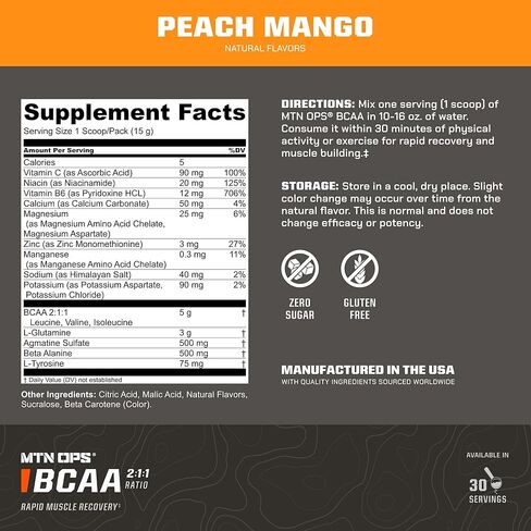 مسحوق مكمل للأحماض الأمينية MTN OPS BCAA 2:1:1 للتعافي السريع للعضلات وإصلاحها بدون سكر وخالي من الغلوتين، 30 وجبة (مانجو الخوخ) in Kuwait
