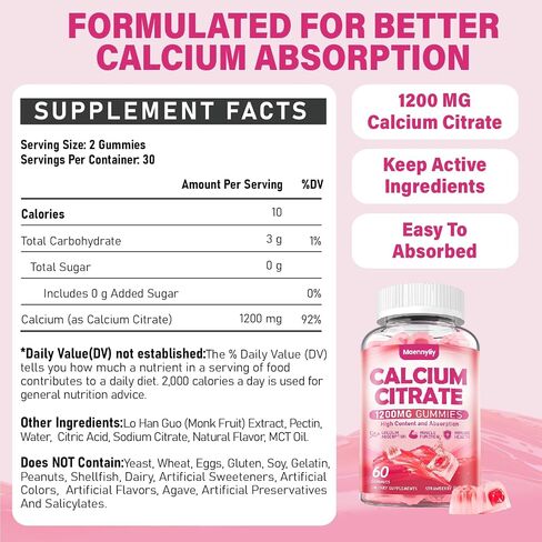 Calcium Citrate Gummies 1200 mg for Adults: Ultimate Absorption Calcium Supplement for Women & Men - Easy to Digest, Vegan - Supports B0ne Strength, Muscle, Immune in Saudi Arabia