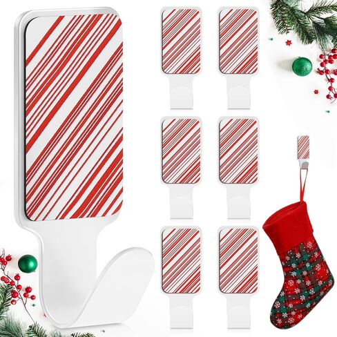 16 Pcs Christmas Adhesive Stocking Hanger Set 8 White Metallic Hooks with 8 Red and White Magnetic Patches Damage Free Wall Adhesive Hooks for Hanging Christmas Decorations in Saudi Arabia