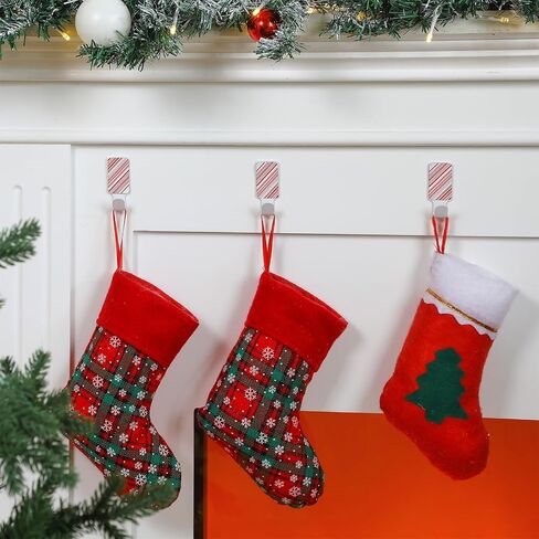 16 Pcs Christmas Adhesive Stocking Hanger Set 8 White Metallic Hooks with 8 Red and White Magnetic Patches Damage Free Wall Adhesive Hooks for Hanging Christmas Decorations in Saudi Arabia