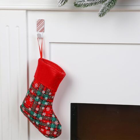 16 Pcs Christmas Adhesive Stocking Hanger Set 8 White Metallic Hooks with 8 Red and White Magnetic Patches Damage Free Wall Adhesive Hooks for Hanging Christmas Decorations in Saudi Arabia