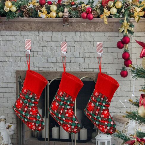 16 Pcs Christmas Adhesive Stocking Hanger Set 8 White Metallic Hooks with 8 Red and White Magnetic Patches Damage Free Wall Adhesive Hooks for Hanging Christmas Decorations in Saudi Arabia