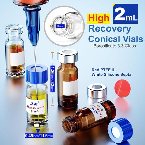 High Recovery Vial with 9-425 Screw Cap,Sterile Borosilicate Glass V Vial, Large Opening, 0.3mL/2mL/4mL,6pcs (Clear, 0.3mL) in Saudi Arabia