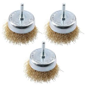 3"(75mm) Wire Cup Brush with 1/4" Shank Brass Steel Crimp Wheel Heavy Duty Wires Brushes for Metal, Removal of Rust Corrosion Paint 3PCS