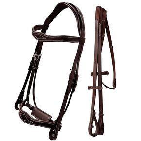 Exion Dressage Bridle with Anatomic Mono Crownpiece, Crank Noseband, Browband and Hand Stopper Reins for Horses