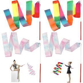 4 Pcs Ribbons for Gymnastics,78 Inch Rhythmic Gymnastics Ribbon,Dance Ribbons,Gymnastics Ribbon,Rainbow Ribbon Wands,Rhythmic Gymnastics Ribbon Stick,Rhythmic Long Ribbon Streamers for Girls Adults