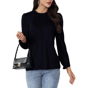 Women's Long Sleeve Round Neck Shirt Pleated Front Blouses Open Tops Ruffle Fall Travel Outfits Fall 2024
