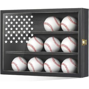 Retro Baseball Display Case Holds 12 Balls, 11"x16" Baseball Storage Box with HD Acrylic Glass, Wall Mount Baseball Ball Holder Stand with Flag for Collectors and Autographed Balls
