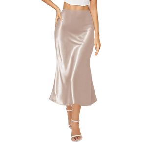 Satin Skirts for Women Trendy, High Waisted Womens Skirts Midi Long Length, Elegant Zipper Flared Elastic A-line Silk Skirts (Light Pink, Medium)