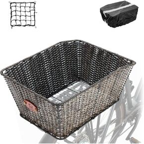 Bike Basket Rear, 16"X11.4"X7.4" Rattan Bicycle Basket Rear with Waterproof Cover,Cargo Net, Woven Rectangular Heavy Duty Bicycle Rear Basket for Most Bikes and E-Bike