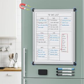 LUCYCAZ Magnetic Weekly Planner for Fridge - Small Dry Erase Board, 16" x 12" Double-Sided Planning Whiteboard, Magnetic Menu Board for Fridge & Wall with 4 Strong Magnets and 3 Markers