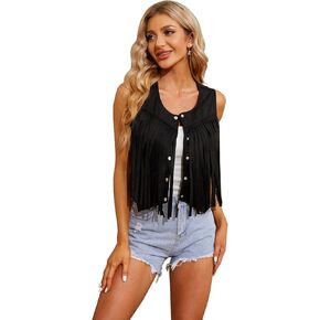WERFORU Fringe Vest Women Faux Suede Open-Front Vintage Tassel Vest Coat Sleeveless 70s Hippie Boho Western Jacket,Coffee, XS/S-1