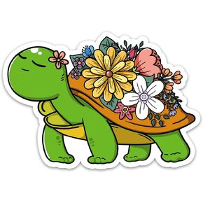 (3PCs) Turtle with Flowers Sticker, Turtle Lover Waterproof Vinyl Stickers for Laptop Water Bottle Kindle Journaling Scrapbooking Diary Planner, Turtleholic Hippie Gifts Decals (3 Inches)