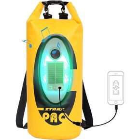 Dry Bag Waterproof with Solar Bluetooth Speaker & Light - 10L Roll Top Dry Sack Keeps Gear Dry for Men Women Kayaking, Beach, Rafting, Boating, Hiking, Camping and Fishing (Yellow)
