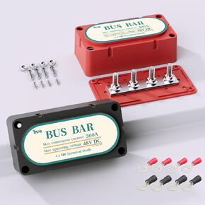 Power Distribution Block 250A Bus Bar 12V, 4 x 5/16" (M8) Posts, 6 x #8 Screws Terminals, Max 48V 250A for Automotive, RV, Marine, Solar Wiring (Pair, Red & Black)