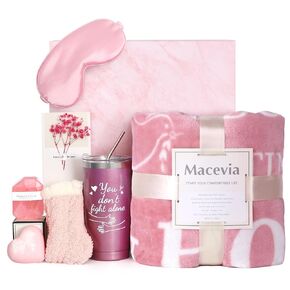 MACEVIA Breast Cancer Care Package Gift Box for Women, Inspirational Get Well Soon Gift Basket with Blanket Tumbler Cup Headwear Eye Mask Socks for After Surgery Patient (Pink 01)